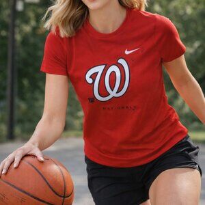 Nike Dry-FIT Washington Nationals V-Neck Tee Women's L Red Athletic T-Shirt